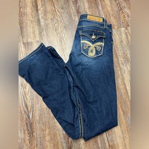 Vintage Y2K low rise Seven navy blue flare jeans with gold accents